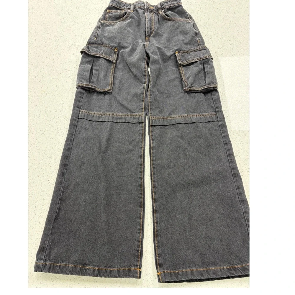 Womens Cotton On Curvy Cargo Jeans Washed Black Wide Baggy Denim Pants Size 26